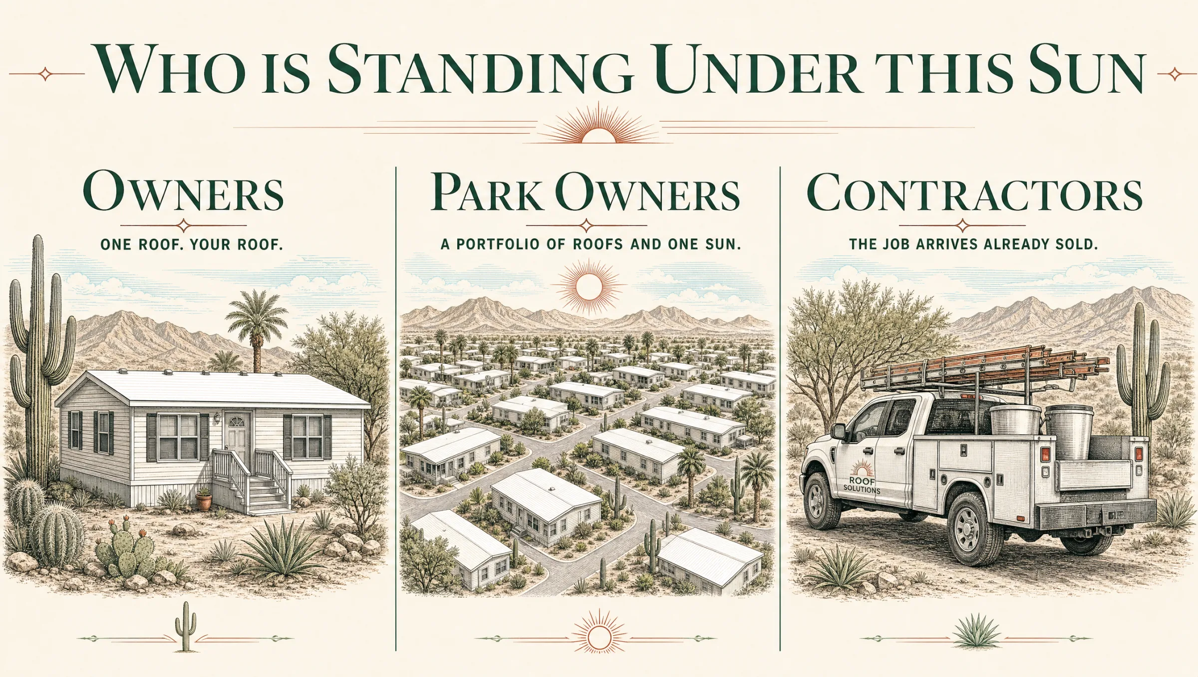 Who is standing under this sun: owners with one roof, park owners with a portfolio of roofs and one sun, and contractors for whom the job arrives already sold.