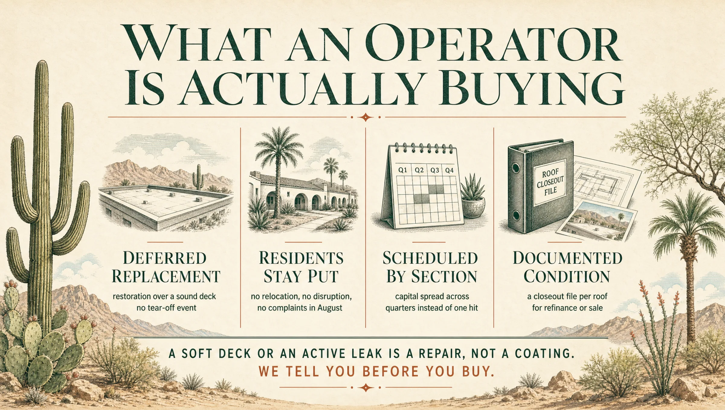 What an operator is actually buying: deferred replacement with no tear-off event, residents staying put with no relocation, capital scheduled by section across quarters, and documented condition with a closeout file per roof for refinance or sale.