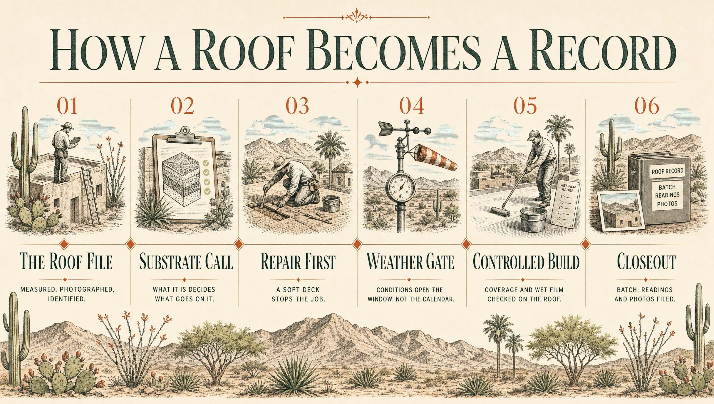 How a roof becomes a record: the roof file, the substrate call, repair first, the weather gate, a controlled build, and closeout with batch, readings and photos filed.