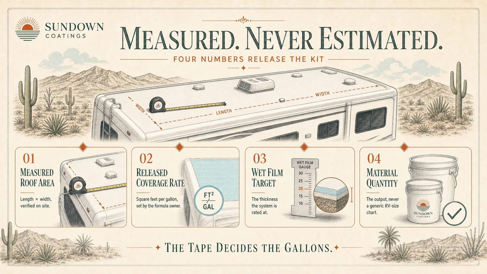 Measured, never estimated: measured roof area, released coverage rate, wet-film target, and material quantity determine the RV kit.