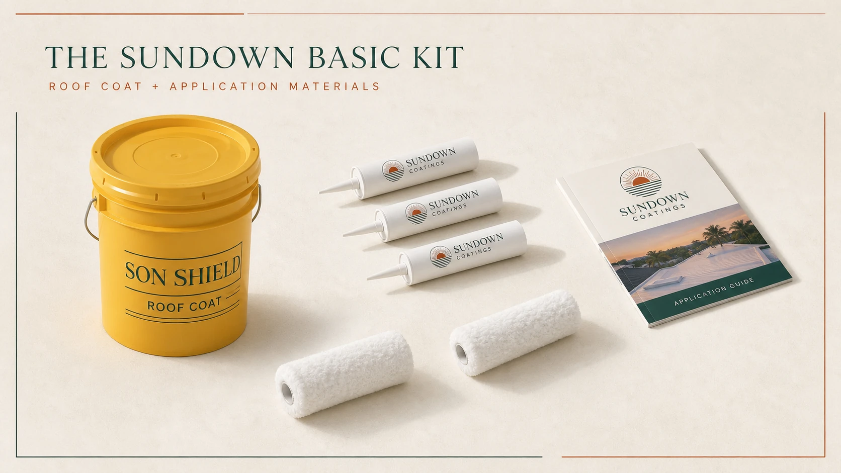 Sundown Basic Kit with one yellow Son Shield Roof Coat bucket, three compatible sealant tubes, exactly two rolling pads, and the Sundown Application Guide.
