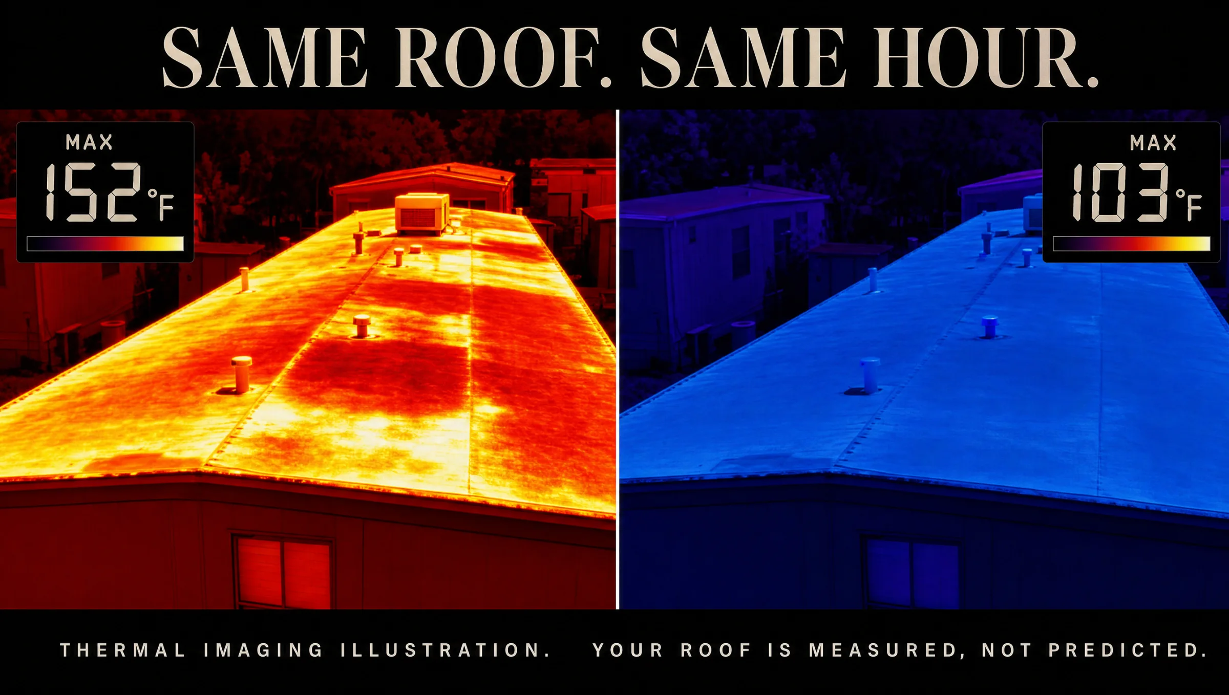 Same roof, same hour: a thermal imaging illustration showing an uncoated roof reading 152°F beside the same roof coated, reading 103°F.