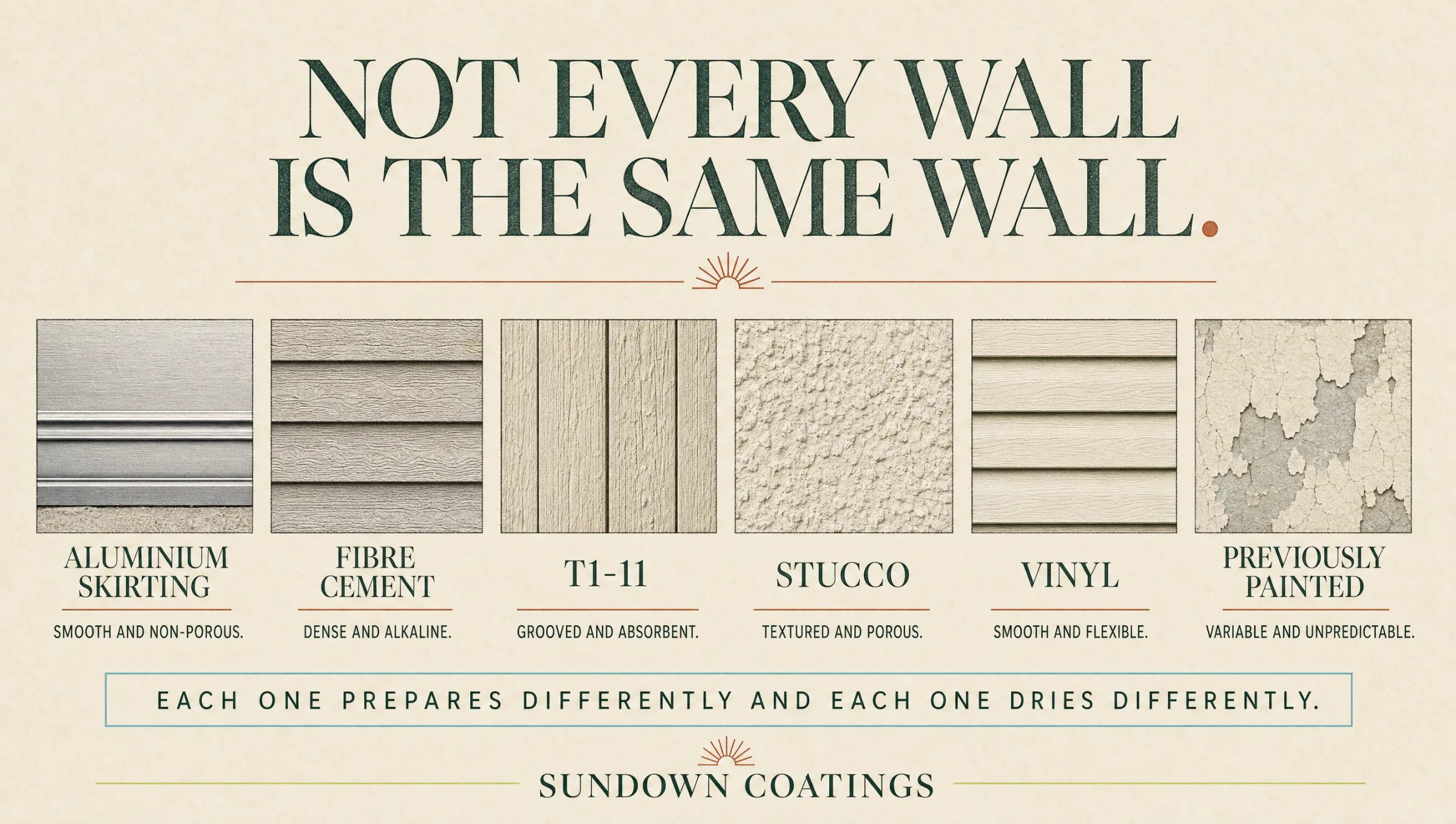 Not every wall is the same wall: aluminium skirting, fibre cement, T1-11, stucco, vinyl and previously painted surfaces each prepare differently and each dry differently.