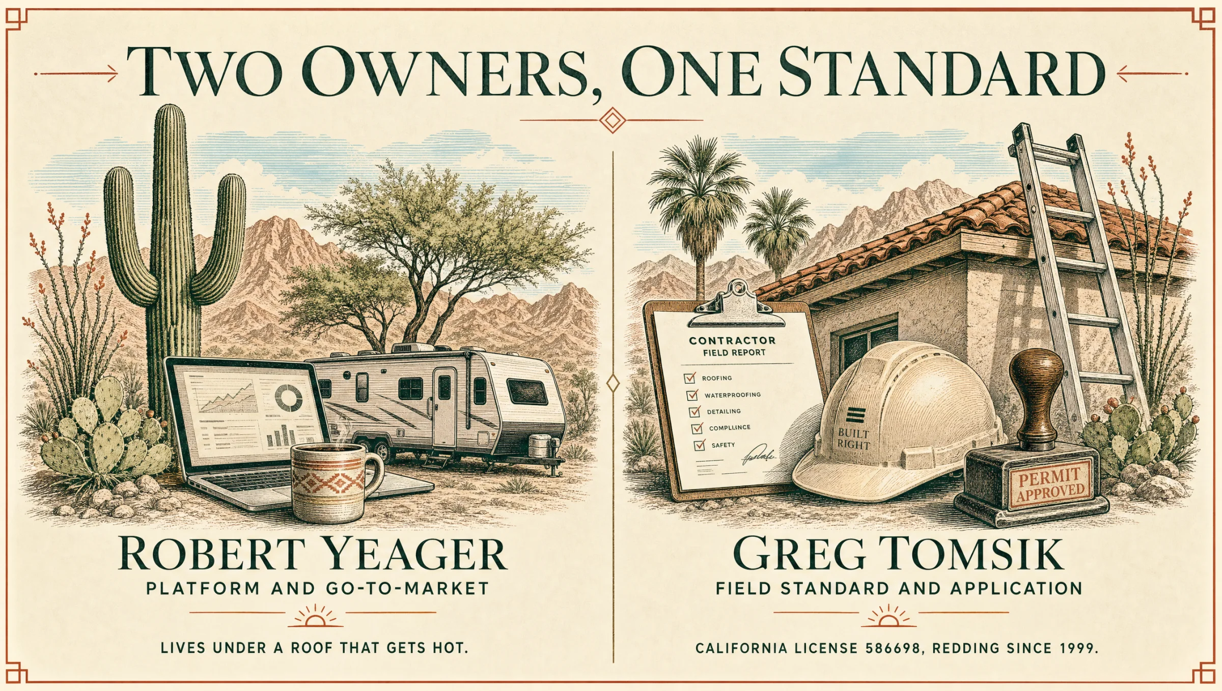 Two owners, one standard: Robert Yeager on platform and go-to-market, who lives under a roof that gets hot, and Greg Tomsik on field standard and application, California license 586698, Redding since 1999.